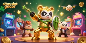 Situs slot gacor menghadirkan gambar ilustratif 3D dengan panda emas mengemudikan robot, meramaikan permainan slot.