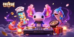 Engage with thrilling 텐텐벳 casino vibes through a vibrant 3D illustration showing a DJ axolotl and friends.