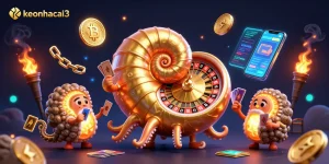 Engage with keonhacai3 in this vibrant 3D casino scene, featuring a giant nautilus roulette wheel amidst glowing crypto elements.