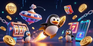 Experience stunning gameplay with slot bonus new member 100 while a golden penguin navigates a rich casino universe.