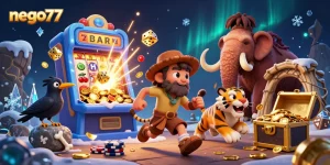 Experience exciting gameplay at nego77 with a lively 3D casino illustration featuring vibrant slot machines and engaging characters.