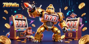Experience thrilling gameplay at 789Win with a dynamic illustration featuring a golden gorilla mech.