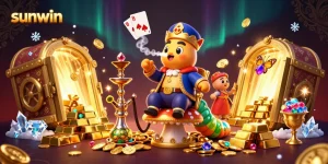 Join in on the excitement at Sunwin as vibrant treasures and poker symbols create an energetic gaming atmosphere.