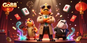 Experience thrilling gameplay at Go88 with raptors and a bulldog bouncer in a vibrant casino scene.