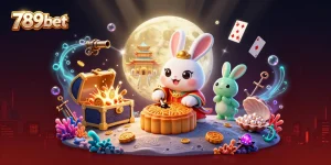 Engage with 789bet as a moon rabbit plays, revealing poker chips in a vibrant casino-themed scene.