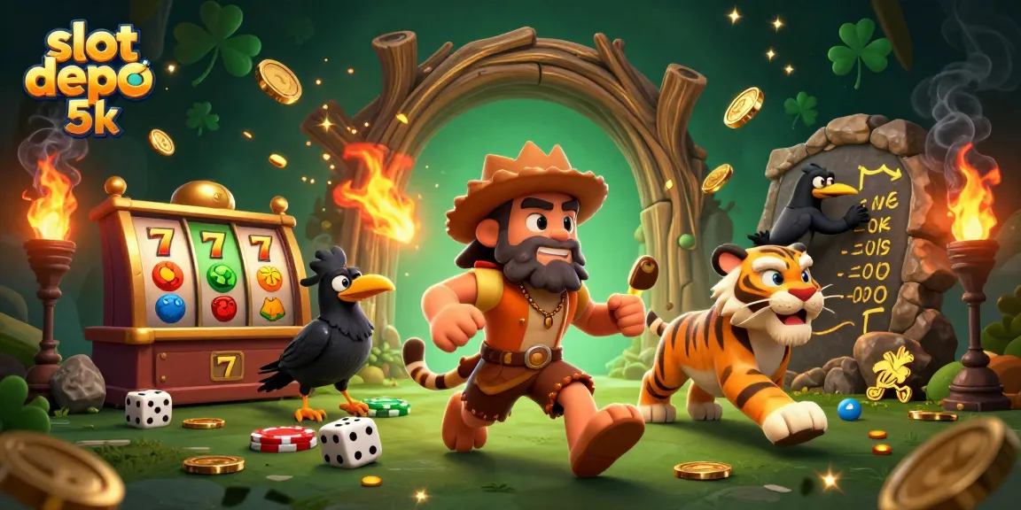 Engage in thrilling slot depo 5k action with a dynamic prehistoric casino scene featuring vibrant characters and gameplay.