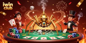 iwin club's vibrant 3D illustration showcases a steampunk golden spider amid poker elements.
