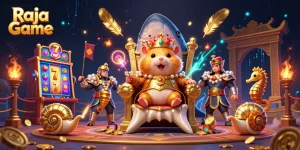Engage with Raja Game as a fierce golden hamster king rules from a megalodon throne amidst vibrant slot machine action.