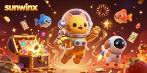 Play thrilling games at sunwinx with a space astronaut cat and treasures in a vibrant casino scene.