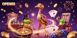 Experience excitement at OPEN88 with a vibrant 3D casino scene featuring characters in dynamic action.