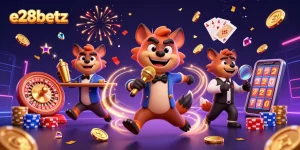 Experience the excitement of e28betz with animated hyenas in a lively casino scene.