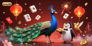Join the excitement at lucky88 with a vibrant casino scene featuring a peacock, penguin, and hummingbird surrounded by festive game elements.