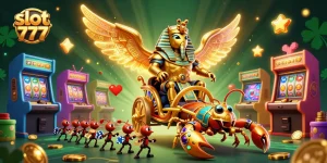 Engage in dynamic gaming with slot 777 featuring a golden beetle and colorful arcade elements.