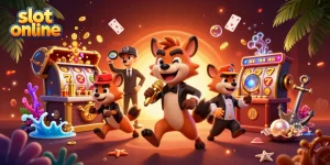 Experience the excitement of slot online with lively hyenas at a casino club surrounded by treasures.