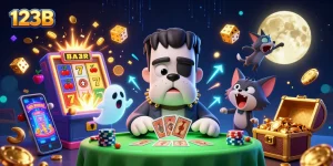 Engage with 123B's thrilling casino experience featuring a Frankenstein bulldog dealer amidst vibrant gaming elements.