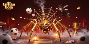 Menang taruhan bola dengan simbol keberuntungan dan elemen stadion dalam ilustrasi menarik.