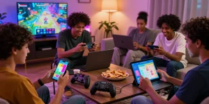 Engaged players enjoying Tiranga Games on mobile devices in a vibrant living room setting.