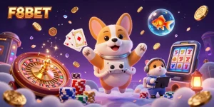 Experience the excitement of F8BET with a vibrant 3D casino scene featuring dynamic characters and elements.