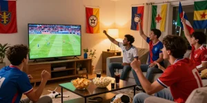 Enjoy the excitement and thrill as fans watch soccer matches live; شاهد المباريات هنا in a vibrant home atmosphere.
