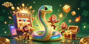 Experience exciting gameplay with menangclub88 as a vibrant rainbow serpent and playful monkey king illuminate a magical casino scene.