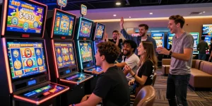 Teman-teman bersenang-senang di depan mesin slot modern sambil bermain slot