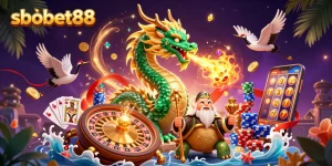 Experience thrilling sbobet88 betting with a jade dragon, turtle sage, and lucky cranes in a vibrant scene.